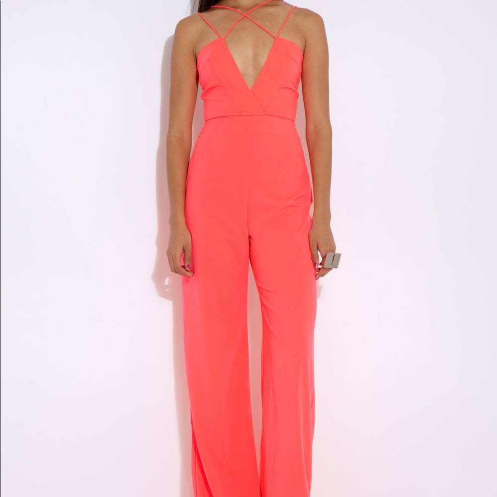 AQ/AQ SANE NEON PINK DEEP V JUMPSUIT